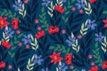 Seamless floral pattern, abstract botanical print, flower wallpaper of large flowers, wild plants on blue Vector illustration Royalty Free Stock Photo