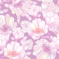 Seamless pattern with ornate magnolia flower and leaves in white on the pastel background. Floral background in contour style.