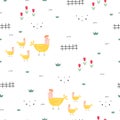Seamless pattern Outdoor background with chicken and flower