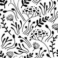 Seamless pattern of outlandish hand drawn black line different herbs and flowers. Bunch of flowers. Vector illustration on white