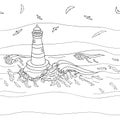 Seamless pattern with outline beacon and seagulls. Marine vector illustration. Hand drawn doodle black and white ocean waves,