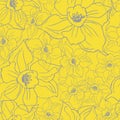 Seamless pattern with outline daffodil flowers on yellow illuminating.