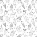 Seamless pattern with outline different ice cream, popsicle, waffle cone, bowl with whipped food. Doodle sweet summer