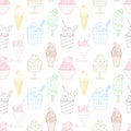 Seamless pattern with outline different ice cream, popsicle, waffle cone, bowl with whipped food. Sweet summer desserts