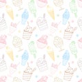 Seamless pattern with outline different ice cream, popsicle, waffle cone, bowl with whipped food. Sweet summer desserts