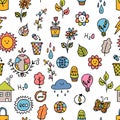 Seamless pattern with outline eco icons and recycles symbols. Save the planet. Hand drawn elements. Sketch, doodle