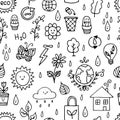 Seamless pattern with outline eco icons and recycles symbols. Save the planet. Hand drawn elements. Sketch, doodle