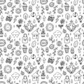 Seamless pattern with outline eco icons and recycles symbols. Save the planet. Hand drawn elements. Sketch, doodle