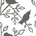 Seamless pattern with outline gray birds sitting on tree branches across leaves on white background. Linen, bedding, textile, fabr