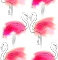 Seamless pattern with outline illustration of pair flamingo with pink color stains on white background. Love in relationship. Royalty Free Stock Photo