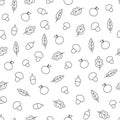 Seamless pattern with outline mushrooms, acorns, apples and leav