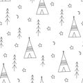 Seamless pattern of outline native american tents, fir trees and