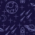 Seamless pattern of outline space icon planet spaceship, asteroid and others flat vector illustration on dark background