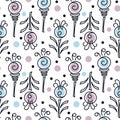 Seamless pattern. Outlines of bizarre plants on a white background . Flowers, pink and blue little circles