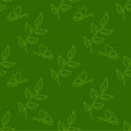 Seamless pattern. Outlines of a Branch with leaves, cute moth vector illustration on a green background