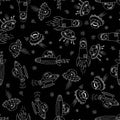 Seamless pattern of outlines cartoon astronauts and fantastic aliens met in space