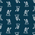 Seamless pattern of outlines cheerful snowmen with brooms