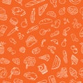 Seamless pattern of outlines of different foodstuff