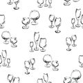 Seamless pattern of outlines different wine glasses