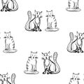 Seamless pattern of outlines funny cartoon domestic cats