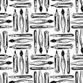 Seamless pattern of outlines pens, pencils and brushes Royalty Free Stock Photo