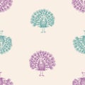 Seamless pattern of outlines purple and green decorative peacocks Royalty Free Stock Photo