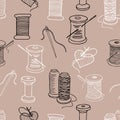 Seamless pattern of outlines of sewing needles and spools of thread