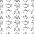 Seamless pattern of outlines various ceramics teapots