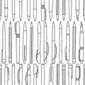 Seamless pattern of outlines various pens and pencils Royalty Free Stock Photo