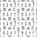 Seamless pattern of outlines various perfumes bottles