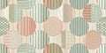 A seamless pattern of overlapping circles featuring pastel-colored stripes, polka dots, and geometric designs. Generative AI Royalty Free Stock Photo