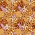 Seamless pattern with overlapping cookies and buns. Hand drawn sweets in sugar brown colours. Royalty Free Stock Photo