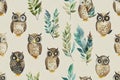 Seamless pattern with owl, forest objects hand drawn by Royalty Free Stock Photo