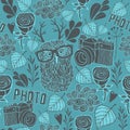 Seamless pattern with owl and photo camera. Royalty Free Stock Photo