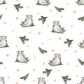 Seamless pattern with owls, fir branches and stars on a white background. watercolor illustration.
