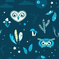 Seamless pattern with owls mushrooms feathers