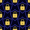 Seamless pattern of padlock inside the shield isolated on dark blue background. Good for template background, banner, poster, etc Royalty Free Stock Photo
