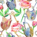 Seamless pattern of a padlock, key and roses.Briar and herbs. Royalty Free Stock Photo