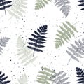 Seamless pattern with paint prints of fern leaves. Delicate grey, blue, green