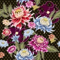 Seamless pattern from painted aster flowers. Japanese style.