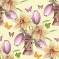 Seamless pattern painted bouquet of spring flowers. Sketch of a cartoon mill. Drawing Bright yellow daffodils and pink tulips .