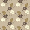 Seamless pattern, painted cream and brown poppies on a beige background. Print, wallpaper, textile, bedroom decor
