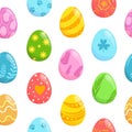 Colorful realistic Easter eggs with various geometric and herbal ornaments. Bright seamless pattern Royalty Free Stock Photo