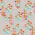 Seamless pattern: painted families of snowmen, pastel snowflakes, multi-colored fir trees on a gentle gray background