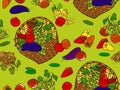 Seamless pattern with painted fruit baskets on a bright green background.
