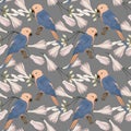 Seamless pattern, painted pink-blue parrots and delicate magnolia flowers on a gray background. Print, textile, wallpaper