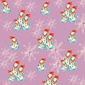 Seamless pattern: painted snowmen in pairs and one by one, pastel snowflakes on a pale lilac background