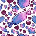 Seamless pattern painting with blue and pink candies sweets, hearts, flowers on white
