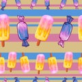 Seamless pattern painting with candy and ice cream, sweets on brown background Royalty Free Stock Photo