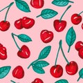 Seamless pattern painting with red cherries on pink background Royalty Free Stock Photo